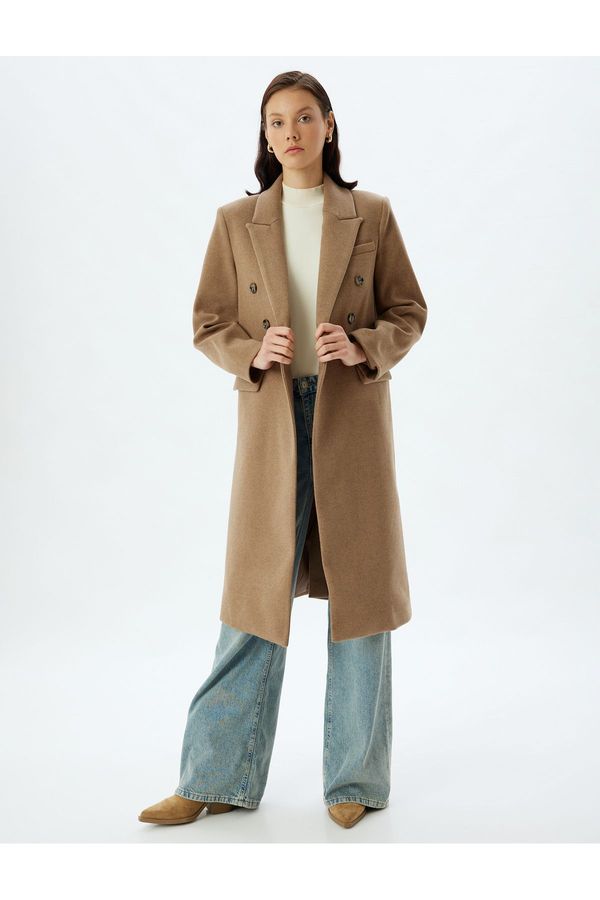 Koton Koton Double Breasted Reverse Collar Buttoned Long Stamp Coat