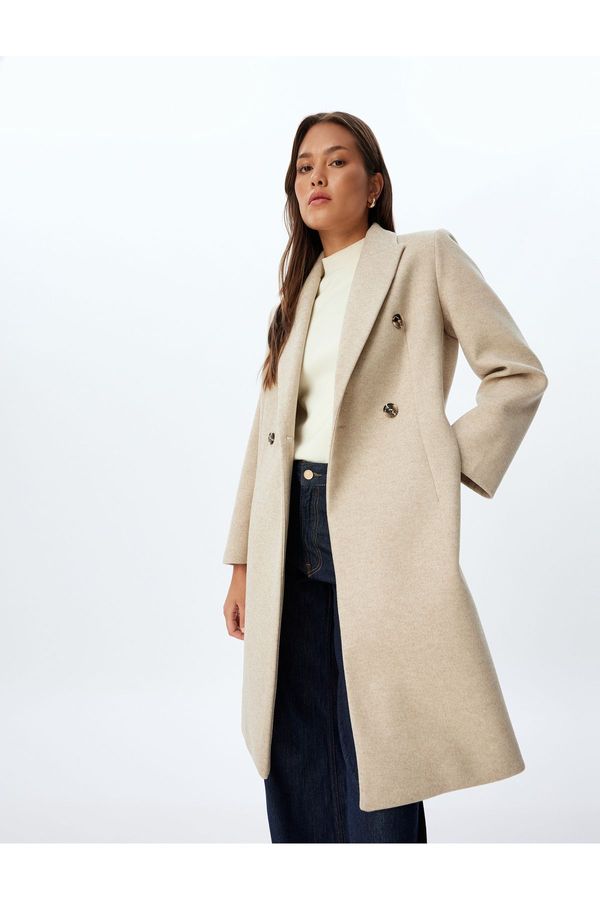 Koton Koton Double Breasted Reverse Collar with Hidden Pocket Thick Knitted Long Stamp Coat