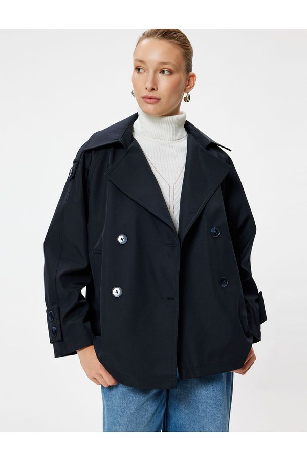 Koton Koton Double Breasted Short Trench Coat with Reverse Collar Pockets