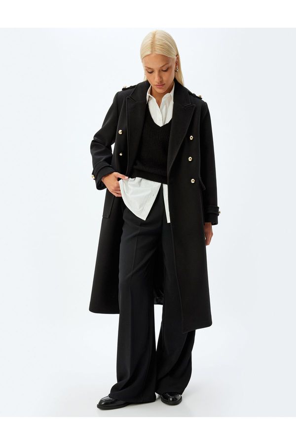 Koton Koton Extra Long Cashmere Coat with Epaulette Detail and Buttoned Pockets