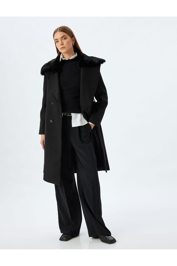 Koton Koton Faux Für Collar Long Double Breasted Cashmere Coat with Belt and Buttons and Pockets