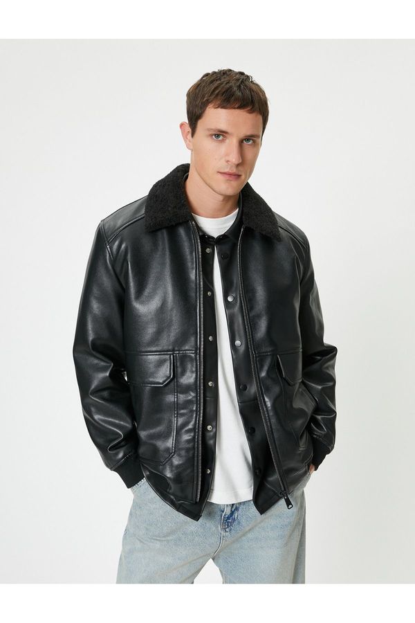 Koton Koton Faux Fur Leather Jacket Pocket Slim Fit