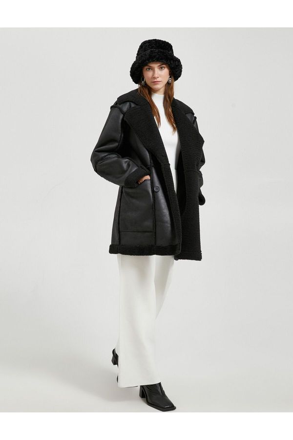 Koton Koton Faux Leather Coat Faux Shearling Pocket Detailed Double Breasted Buttoned