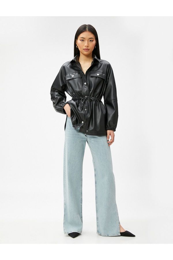 Koton Koton Faux Leather Jacket Pockets Gathered Waist