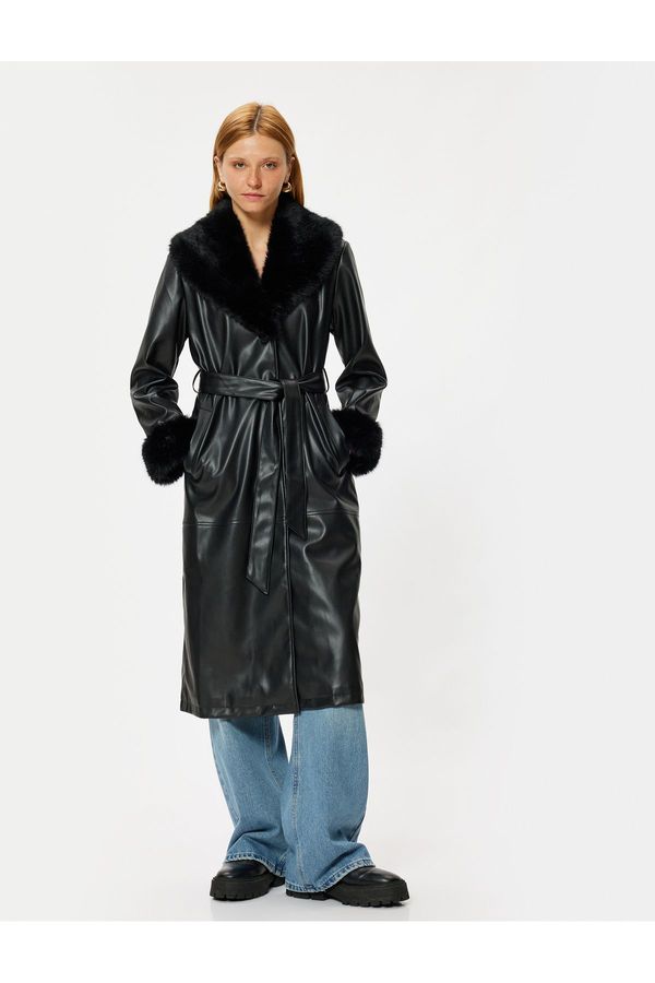 Koton Koton Faux Leather Long Trench Coat with Pockets, Belted Collar and Faux Für Detail