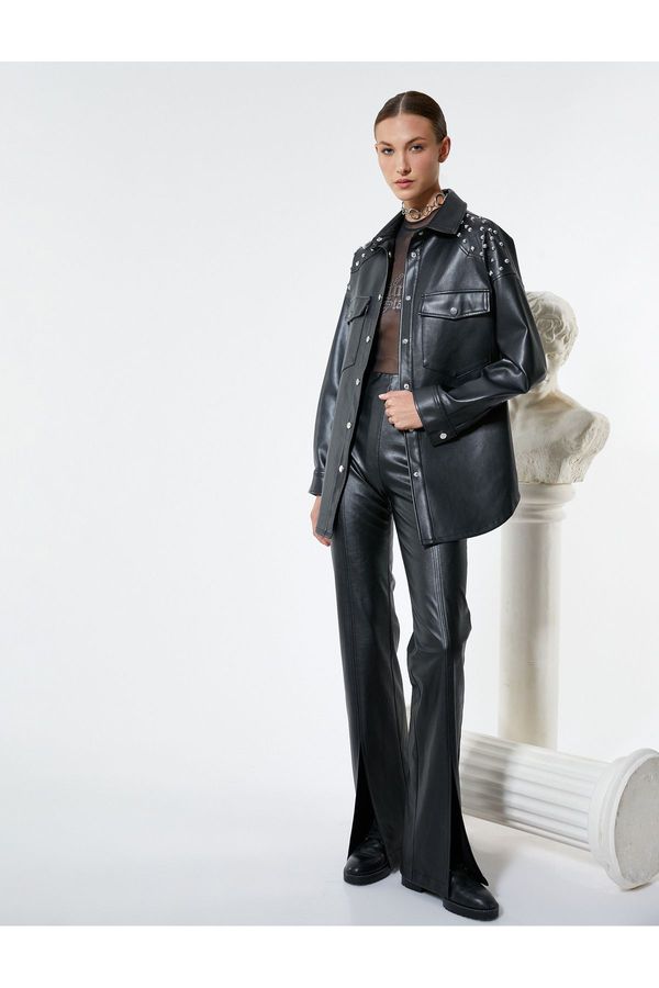 Koton Koton Faux Leather Shirt Jacket with Staple Detail