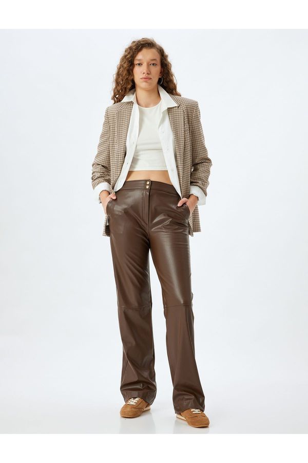 Koton Koton Faux Leather Stitched Detail Buttoned Straight Leg Trousers