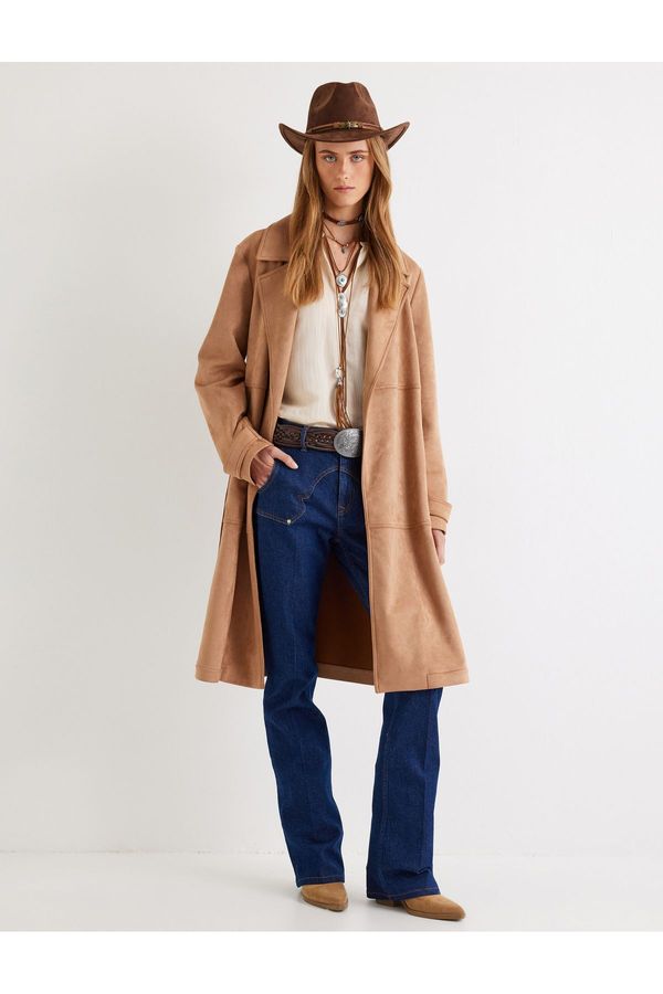 Koton Koton Faux Suede Trench Coat Long Belted