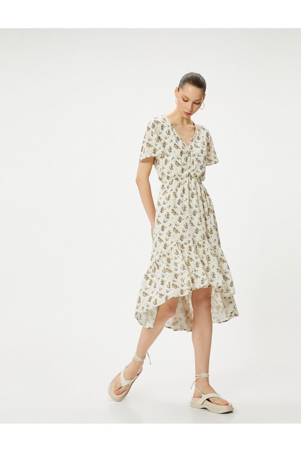 Koton Koton Floral Midi Dress Asymmetric Cut Frilly Short Sleeve V Neck Buttoned Lined