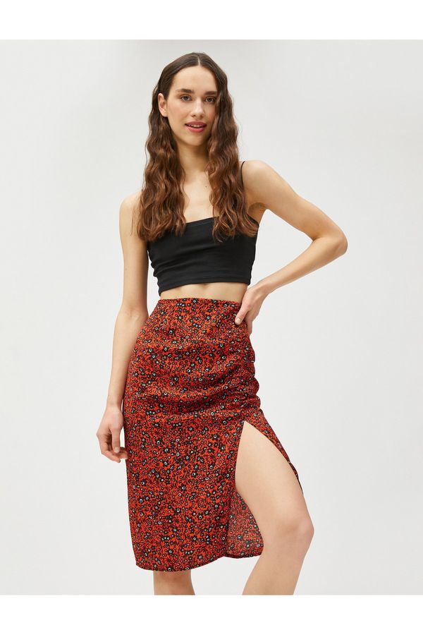 Koton Koton Floral Midi Skirt with Slit Detailed Draping.