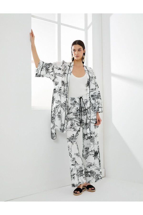 Koton Koton Floral Wide Leg Trousers Tie Waist Viscose Fabric Blended