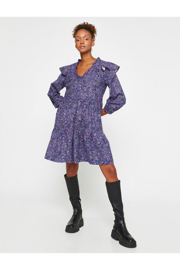 Koton Koton Floral Winter Dress Flounce V Neck Frilly