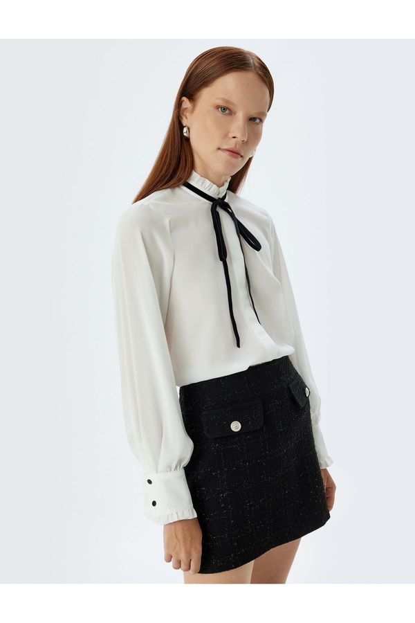 Koton Koton Frilled Stand Collar Shirt with Bow Tie Detail Crepe Fabric