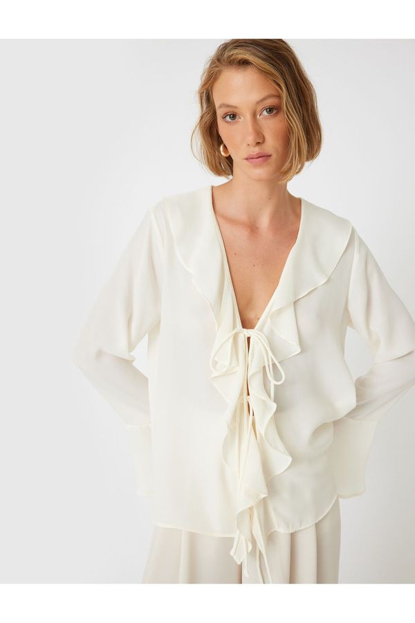 Koton Koton Front Tie Ruffle Shirt Long Wide Sleeve V Neck