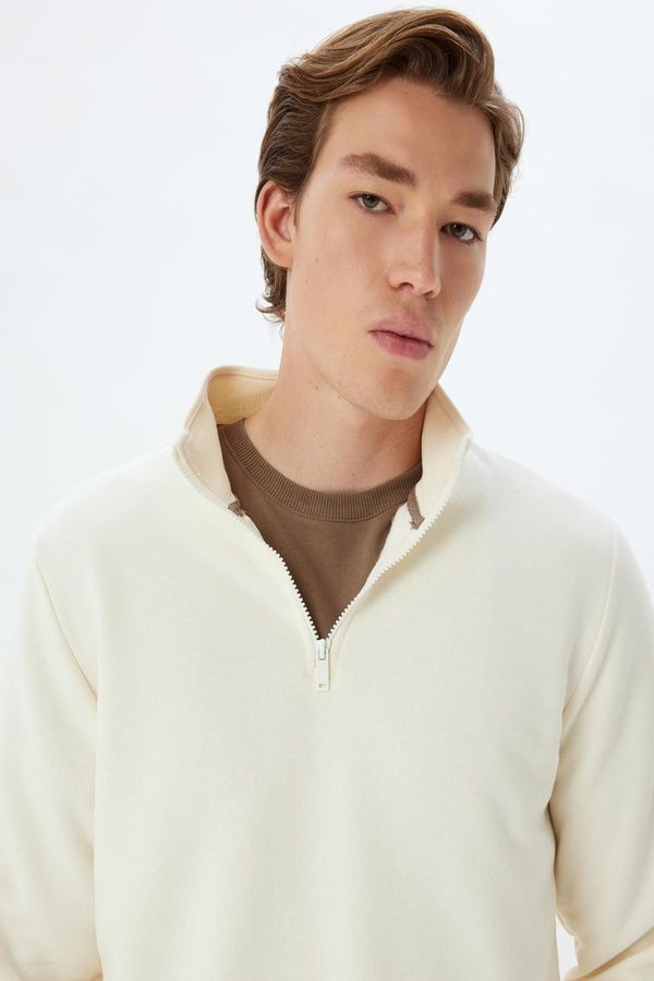 Koton Koton Half Zip Collar Basic Ribbed Cotton Blended Long Sleeve Sweatshirt