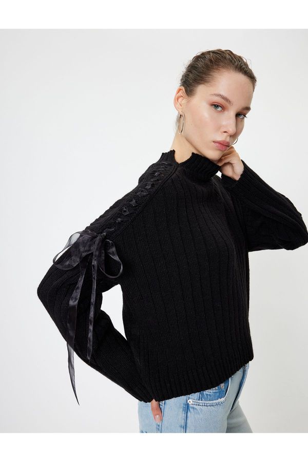 Koton Koton High Collar Sweater Ribbon Detailed Knitted Motif Long Sleeve