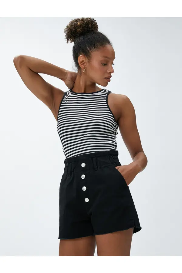 Koton Koton High Waist Denim Shorts Pocket Elastic Buttoned