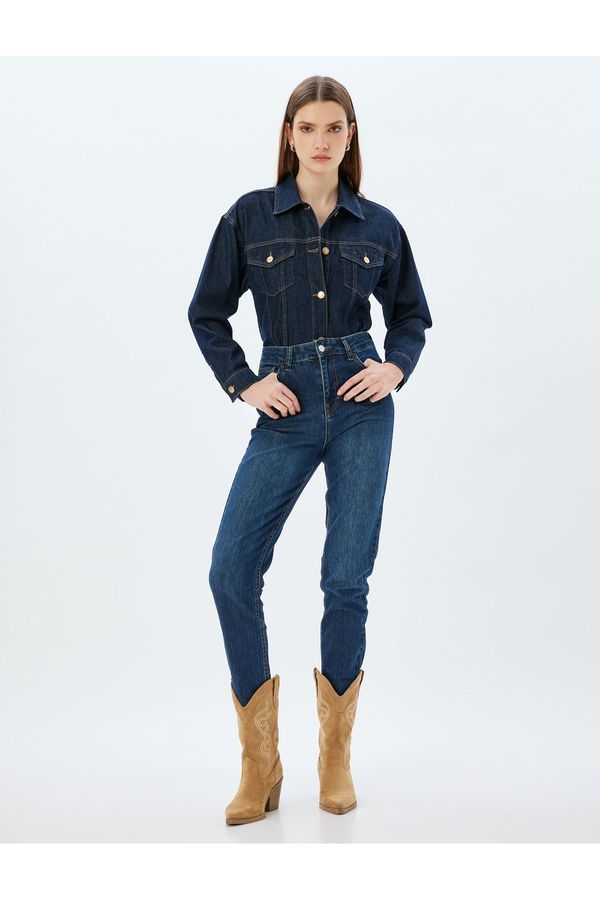 Koton Koton High Waisted Jeans Straight Leg Buttoned Pocket Cotton - Slim Straight Fit Jeans