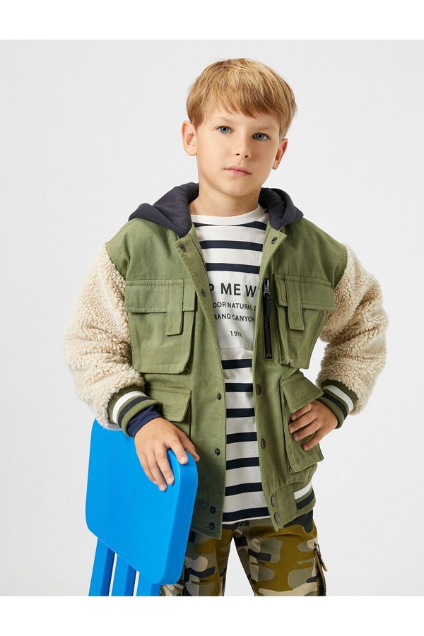 Koton Koton Hooded Jacket with Plush and Zipper Detail, Cargo Pocket, Cuffs and Elastic Waist