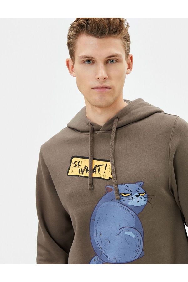 Koton Koton Hooded Sweat Cat Printed Slogan Long Sleeve