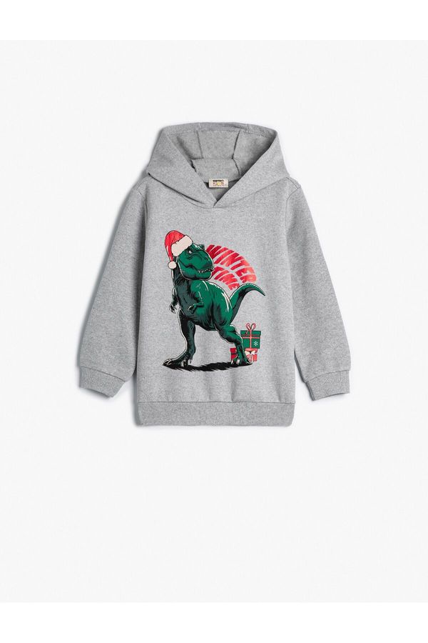 Koton Koton Hooded Sweat Christmas Themed Dinosaur Print Raised