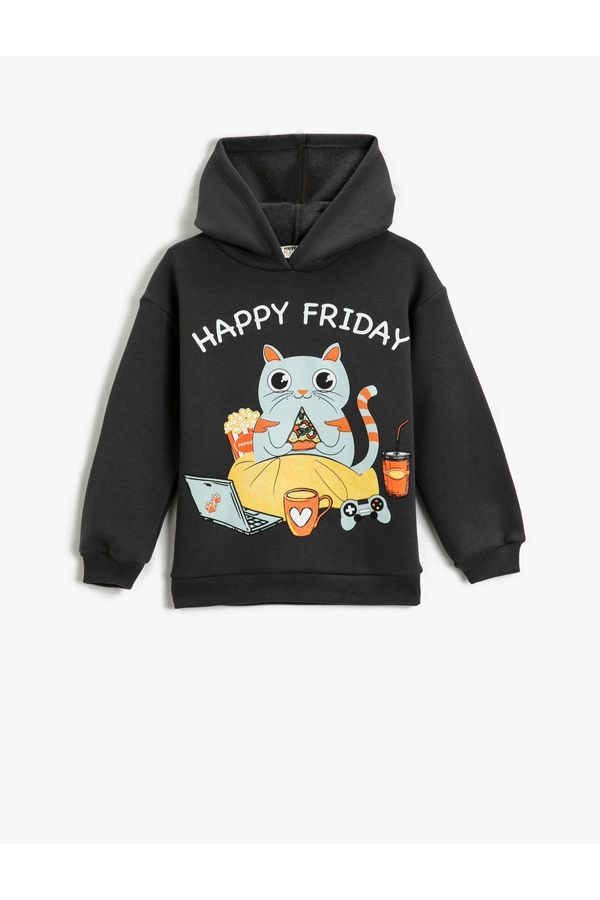 Koton Koton Hooded Sweatshirt Cat Printed Long Sleeve Ribbon