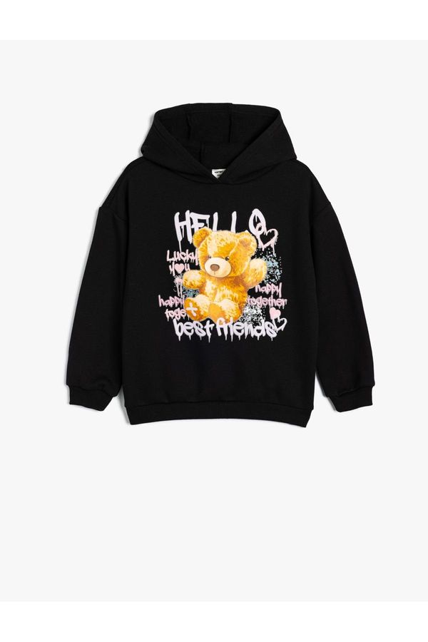 Koton Koton Hoodie Sweatshirt Teddy Bear Printed Raised Slogan Themed