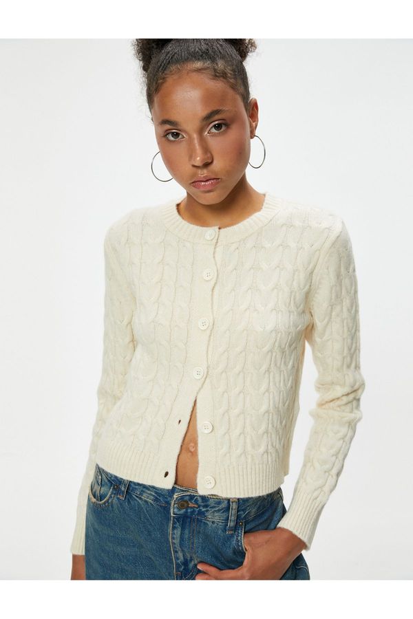 Koton Koton Knitted Cardigan Hair Knit Textured Buttoned Crew Neck