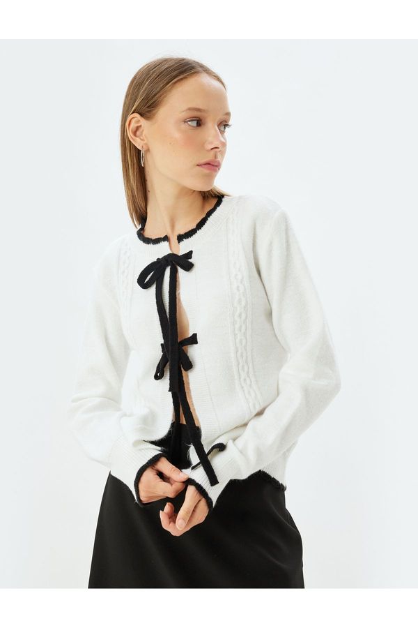 Koton Koton Knitwear Textured Cardigan with Bow Tie Detail