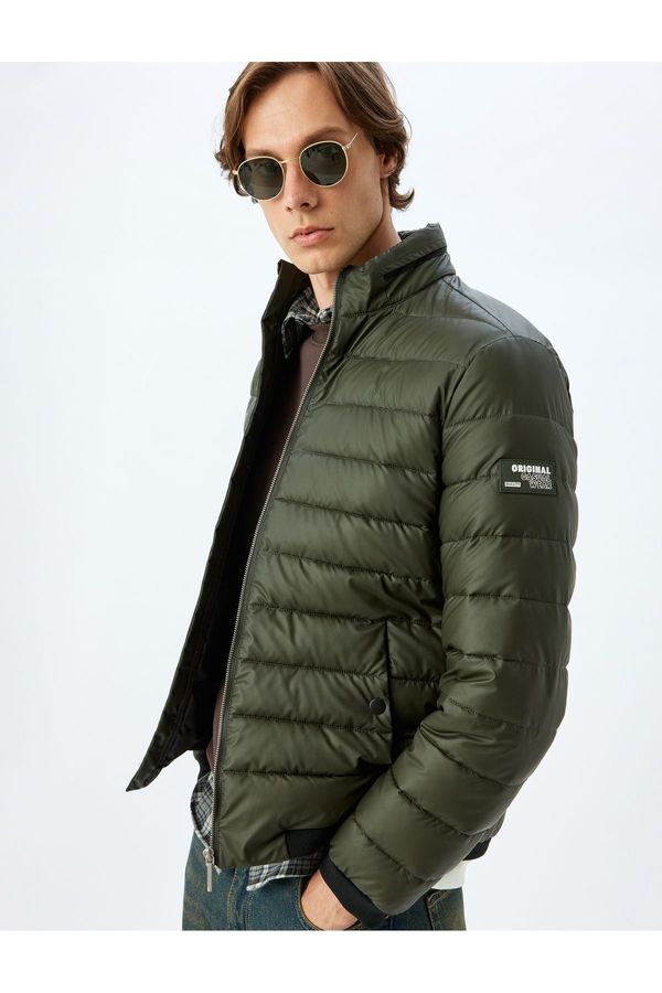 Koton Koton Latex Fabric Slim Fit Puffer Jacket with Stand Collar Label Detail