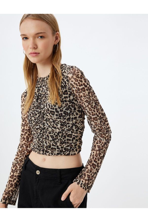 Koton Koton Leopard Tulle Blouse Crop Long Sleeve Crew Neck Gathered