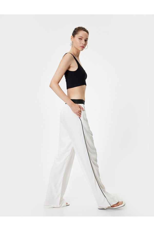 Koton Koton Linen Blend Trousers Oversized Wide Leg Waist Elastic Pocket Piping