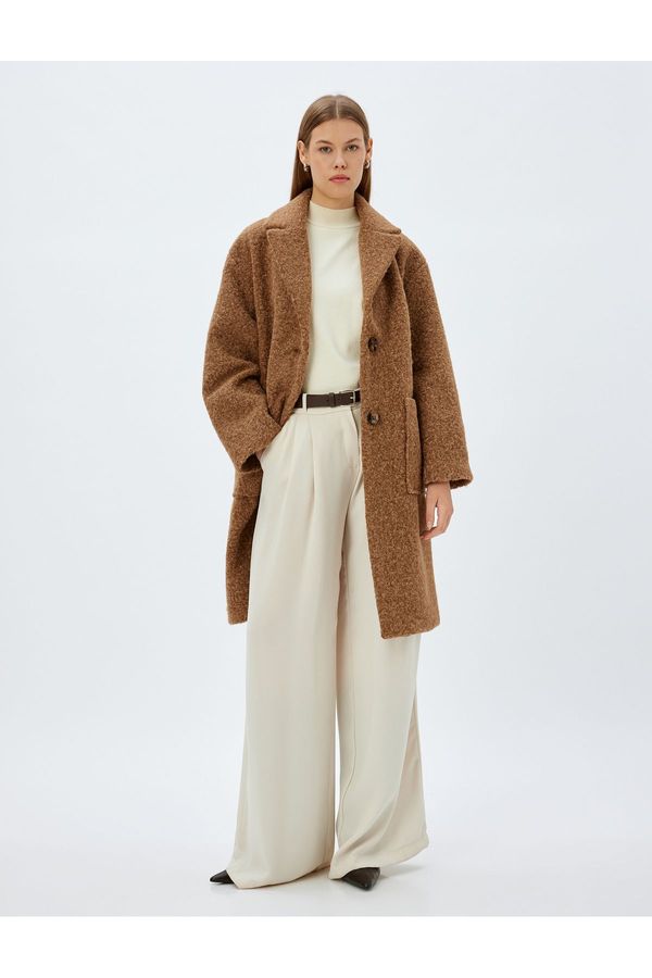 Koton Koton Long Boucle Coat Double Breasted Reverse Collar Pocket