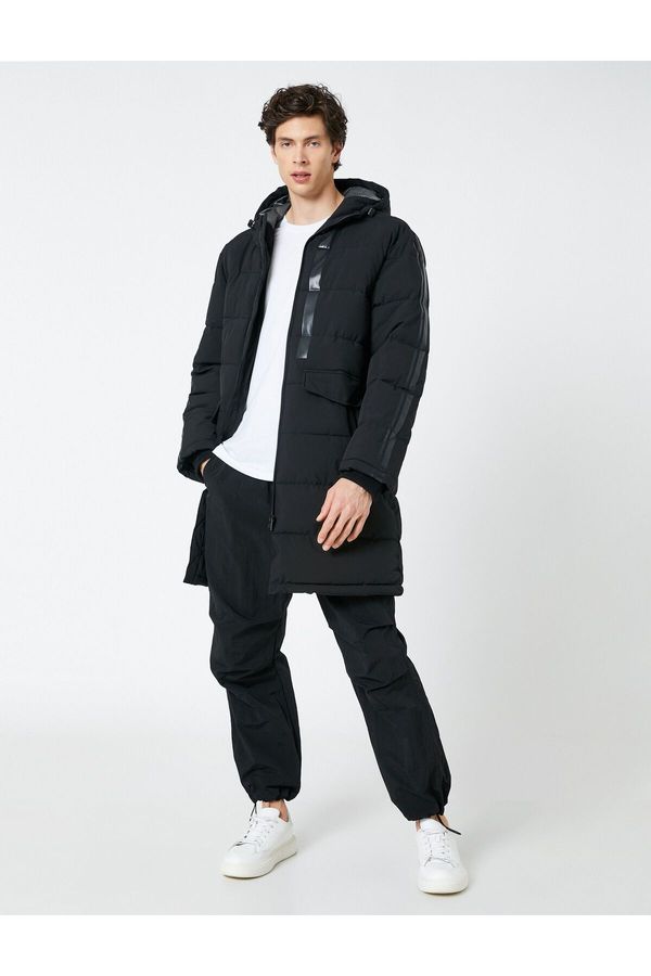 Koton Koton Long Coat Anorak Hooded Pocket Stripe Printed