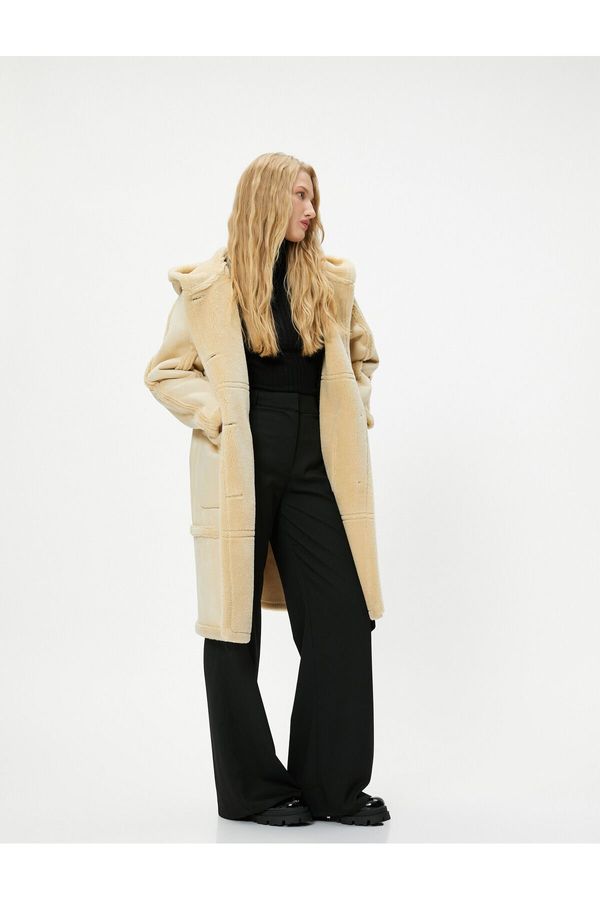 Koton Koton Long Coat with Faux Für Detail on the Inside and Collar, Hooded, Pockets, Buttons