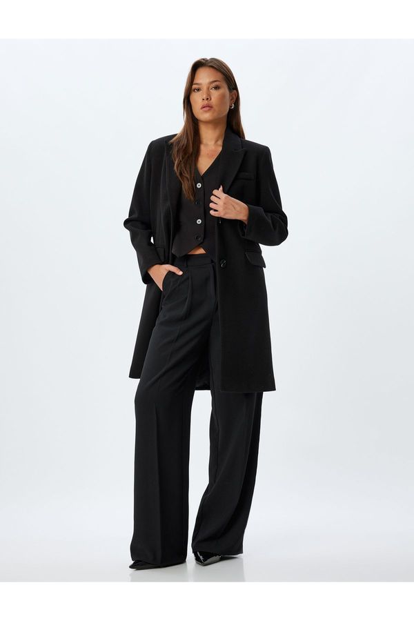 Koton Koton Long Double Breasted Cashmere Coat with Buttoned Pockets