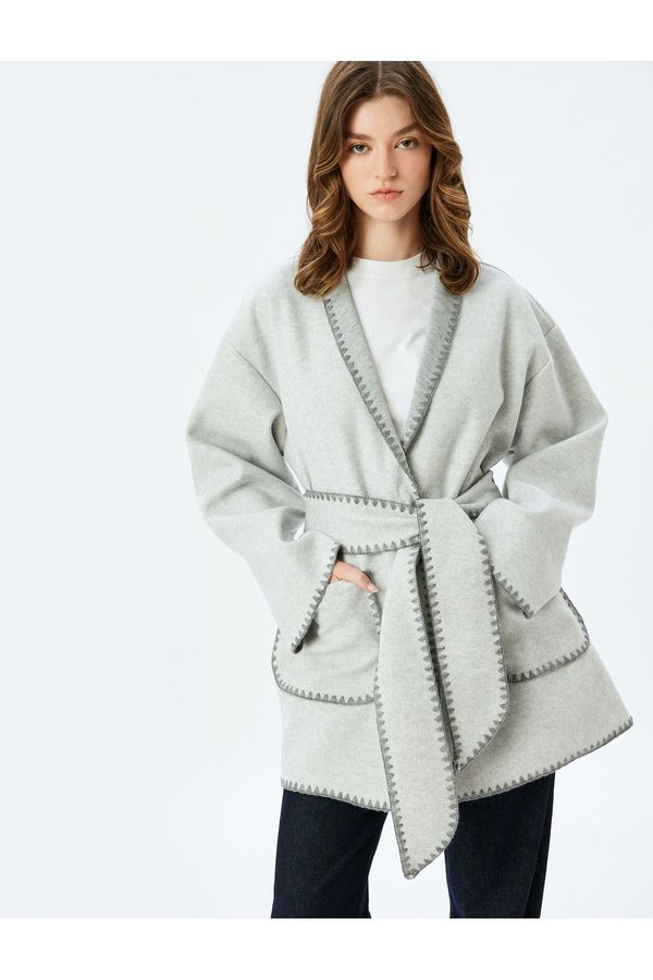 Koton Koton Long Double Breasted Coat Shawl Collar Belted Crochet Detailed Pockets