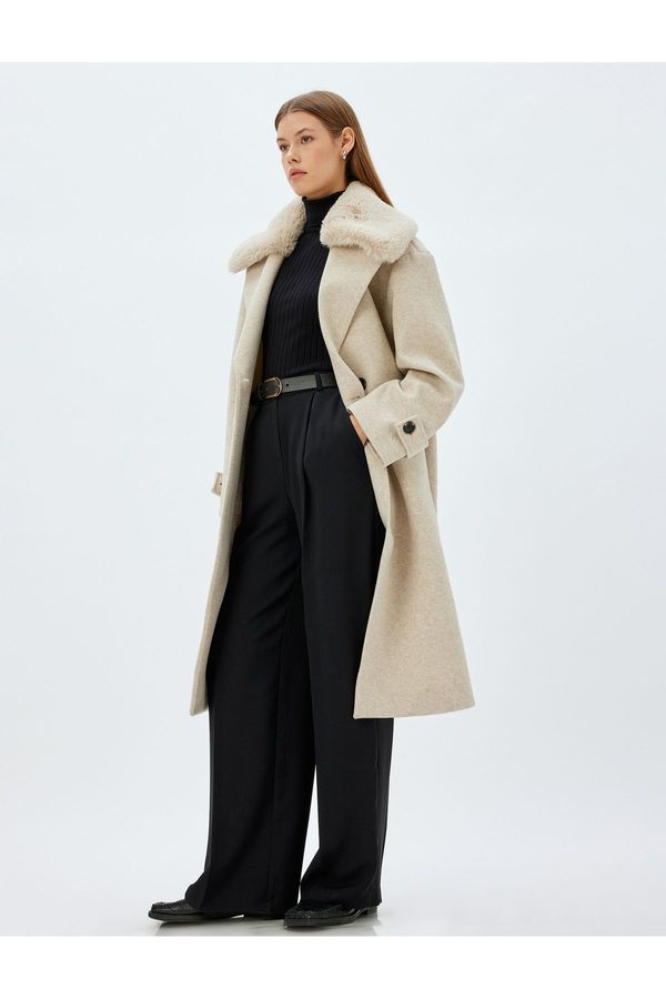 Koton Koton Long Faux Für Cashmere Coat with Removable Collar and Pocket