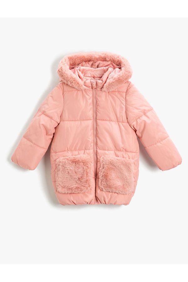 Koton Koton Long Puffer Coat Plush Detailed With Pocket