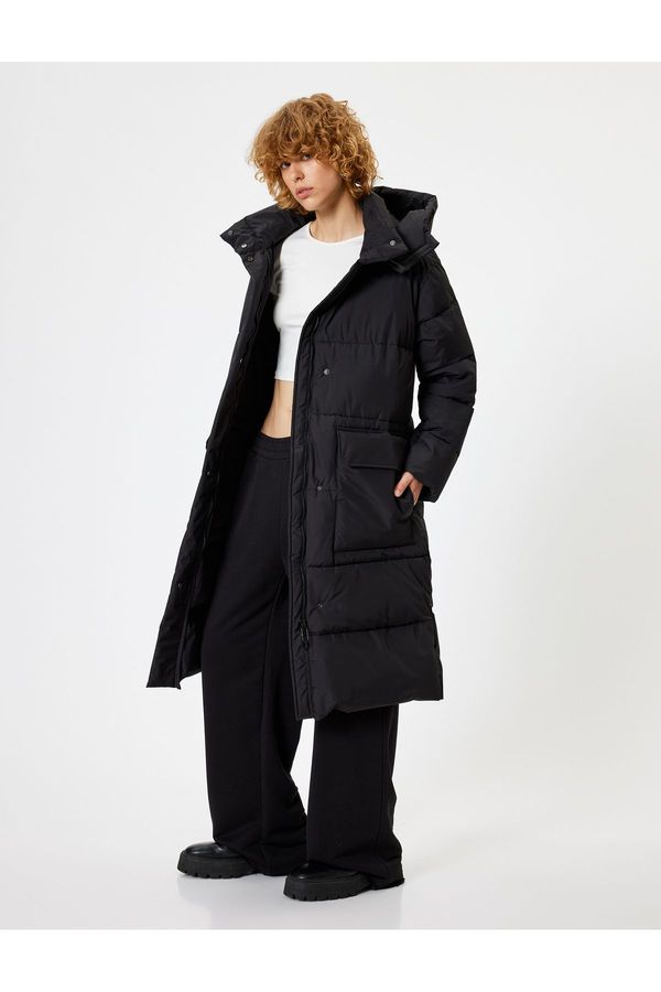 Koton Koton Long Puffer Jacket Hooded Pocket Detail Zipper Snap Button Water Repellent Fabric