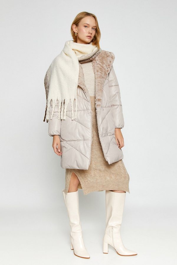 Koton Koton Long Puffer Jacket with Plush Collar Detail and Hooded