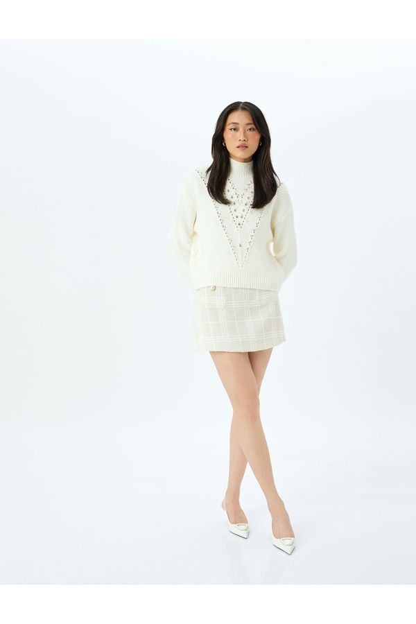 Koton Koton Long Sleeve Openwork Stand Collar Stone Knitted Sweater