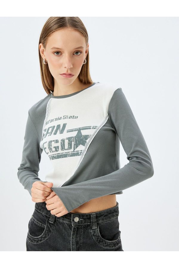 Koton Koton Long Sleeve Stitch Detailed Slogan Printed Slim Fit Crew Neck T-Shirt
