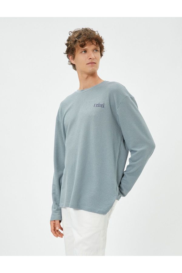 Koton Koton Long Sleeve T-Shirt Motto Embroidered Crew Neck