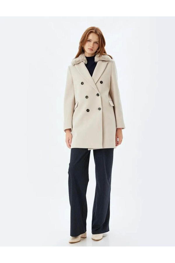 Koton Koton Long Stamp Coat with Removable Faux Für Collar and Pockets