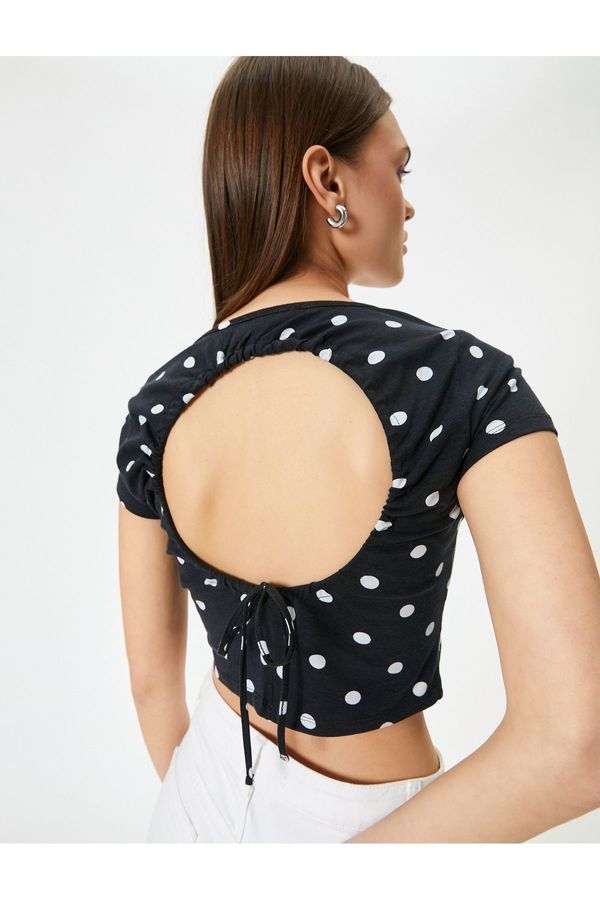 Koton Koton Low-cut Back Polka Dot T-Shirt Crop Bow Detail