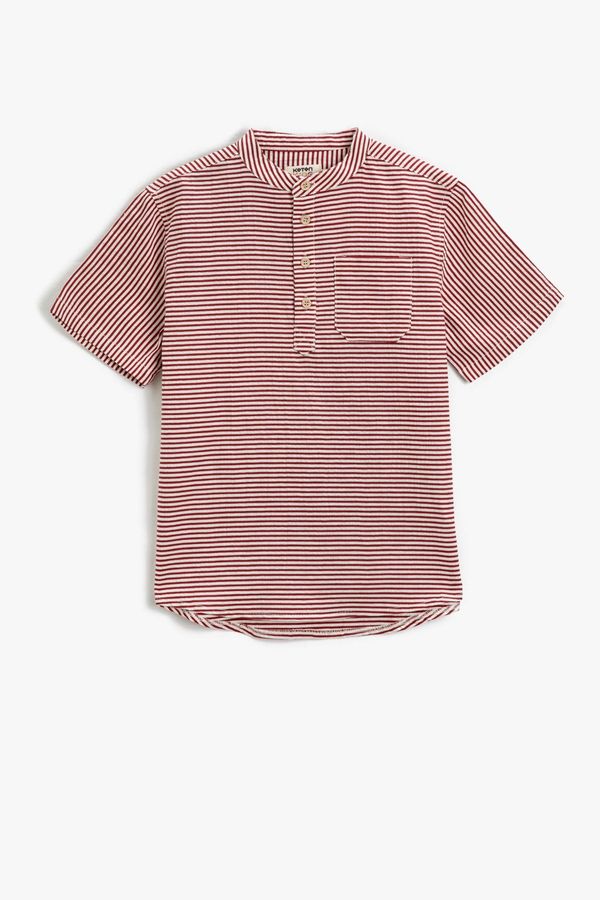 Koton Koton Mandarin Collar Short Sleeve Buttoned Single Pocket Striped Cotton Shirt