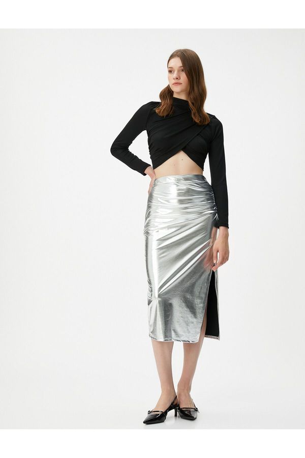 Koton Koton Metallic Midi Skirt High Waist Slit Detail