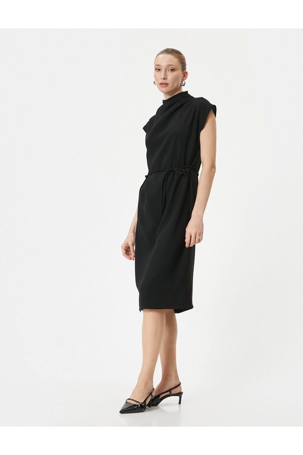 Koton Koton Midi Dress Draped High Collar Short Sleeve Tie Waist