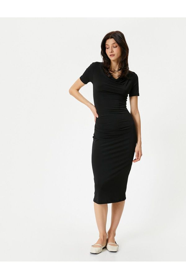 Koton Koton Midi Dress Draped Neck Short Sleeve Standard Cut